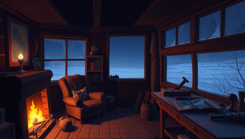A cozy, dimly lit cabin interior in Spiritfarer, a heartwarming game about ferrying spirits to the afterlife. Warm firelight casts a soft glow over a well-loved armchair, a bookshelf, and a workbench scattered with tools. Outside the frosty window, a snowy landscape stretches into the distance under a starry night sky. The atmosphere is one of comfort and quiet contemplation, reflecting the bittersweet but ultimately uplifting themes of the game.