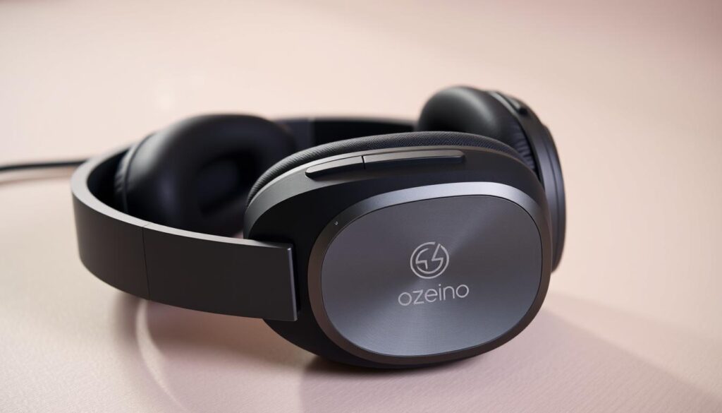 A high-quality, close-up photograph of the Ozeino OW810 wireless gaming headset, shot with a professional camera and macro lens. The headset is placed on a clean, neutral-colored surface, allowing the intricate details and premium materials to be the focal point. Soft, directional lighting illuminates the headset from the side, creating depth and texture. The image captures the sleek, minimalist design, with a sharp focus on the smooth matte finish, metallic accents, and plush, cushioned earcups. The overall composition emphasizes the quality craftsmanship and premium aesthetic of the Ozeino OW810, inviting the viewer to appreciate the headset's Klangqualität (sound quality).
