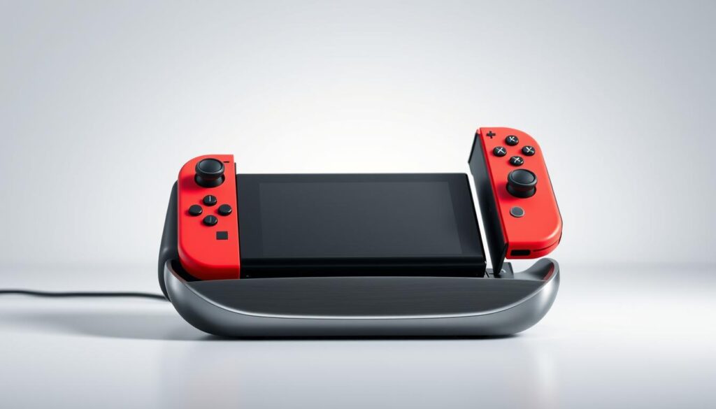 A high-quality, meticulously crafted Nintendo Switch controller charging station, showcased in a well-lit, minimalist studio setting. The charger features a sleek, contemporary design with smooth curves and a brushed metal finish, seamlessly blending form and function. Elegant yet practical, the station prominently displays the Joy-Con controllers, their vibrant colors accentuated by the soft, diffused lighting. The composition emphasizes the user experience, capturing the device's intuitive and user-friendly nature. The overall mood is one of modern sophistication, inviting the viewer to imagine the convenience and reliability of this essential Nintendo Switch accessory.