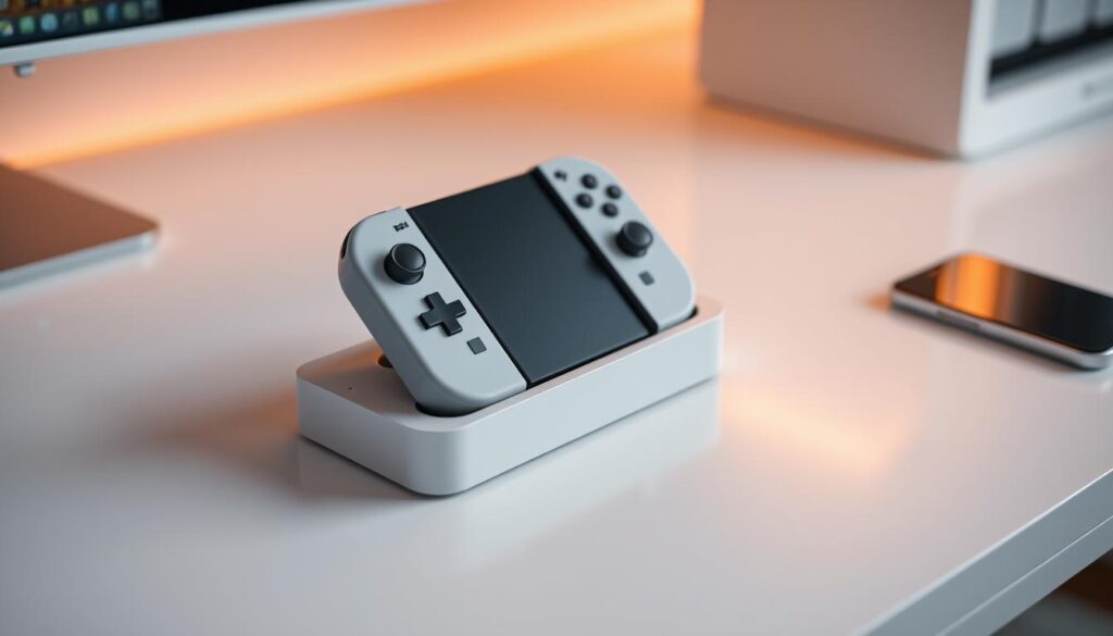 A sleek, modern charging station for Nintendo Switch Joy-Con controllers, sitting on a clean, minimalist desk. The station features multiple charging ports, each with a Joy-Con nestled securely in place, their LED indicator lights softly glowing. The station is crafted from high-quality materials, perhaps brushed aluminum or polished white plastic, blending seamlessly with the surrounding decor. Warm, diffused lighting illuminates the scene, creating a sense of functionality and simplicity. The angle showcases the station's compact, streamlined design, highlighting its compatibility and integration with the Nintendo Switch ecosystem.