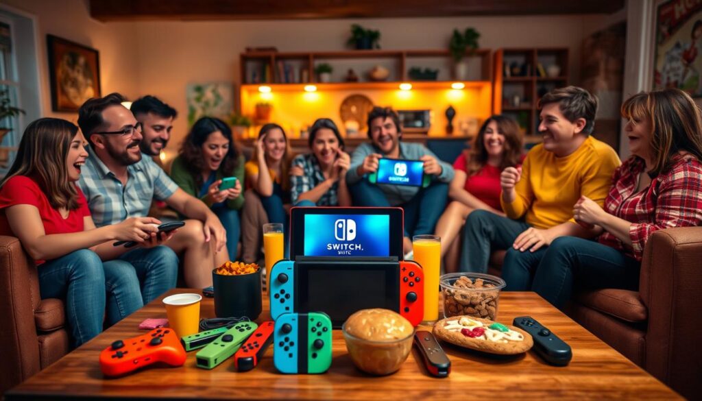 A vibrant party scene with a group of friends and family members gathered around a Nintendo Switch console, engaged in lively and hilarious multiplayer games. The foreground features a coffee table adorned with various colorful game controllers, snacks, and beverages, setting the stage for a fun-filled evening. In the middle ground, the group sits on comfortable sofas and chairs, their faces lit by the glow of the Switch's screen, expressions filled with laughter and friendly competition. The background showcases a cozy, well-lit living room with warm lighting and inviting decor, creating a welcoming and inclusive atmosphere. The overall scene conveys a sense of togetherness, joy, and the shared experience of playing beloved party games on the Nintendo Switch. A vibrant party scene with a group of friends and family members gathered around a Nintendo Switch console, engaged in lively and hilarious multiplayer games. The foreground features a coffee table adorned with various colorful game controllers, snacks, and beverages, setting the stage for a fun-filled evening. In the middle ground, the group sits on comfortable sofas and chairs, their faces lit by the glow of the Switch's screen, expressions filled with laughter and friendly competition. The background showcases a cozy, well-lit living room with warm lighting and inviting decor, creating a welcoming and inclusive atmosphere. The overall scene conveys a sense of togetherness, joy, and the shared experience of playing beloved party games on the Nintendo Switch.