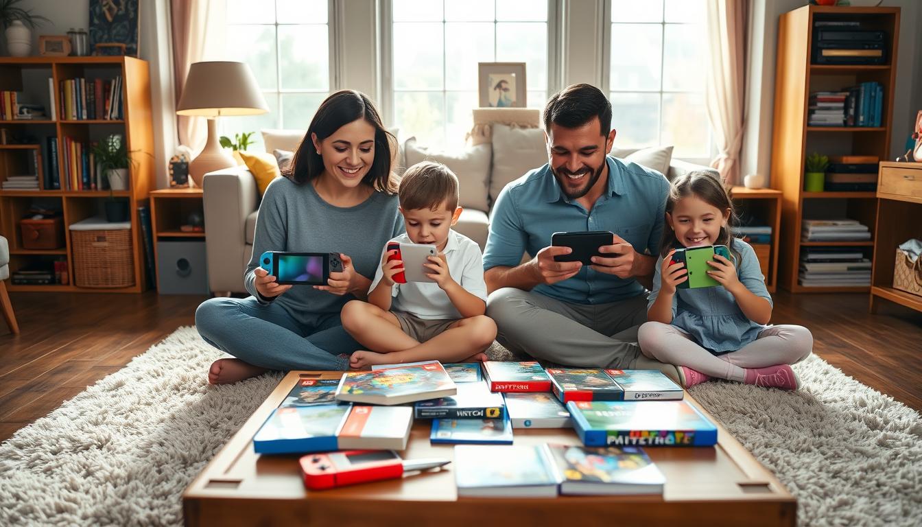 A vibrant scene of a family embarking on an adventurous Nintendo Switch gaming experience. In the foreground, a group of four - a mom, dad, young son, and daughter - sit cross-legged on a plush rug, their eyes transfixed on the colorful Switch screens they hold. Warm, soft lighting illuminates their faces, creating an inviting atmosphere. In the middle ground, a wooden coffee table is scattered with various Switch game cases, hinting at the diverse library of titles available. The background depicts a cozy living room, with large windows allowing natural light to pour in, and shelves displaying an eclectic mix of books and family mementos. An overall sense of togetherness, discovery, and joy permeates the scene, capturing the spirit of family-friendly Nintendo Switch gaming.