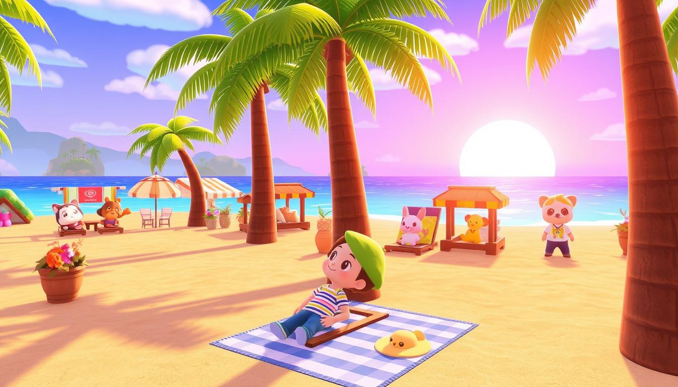 Animal Crossing: New Horizons Sommerstrand mit Palmen und bunten Charakteren - beste Nintendo Switch Spiele Sommer