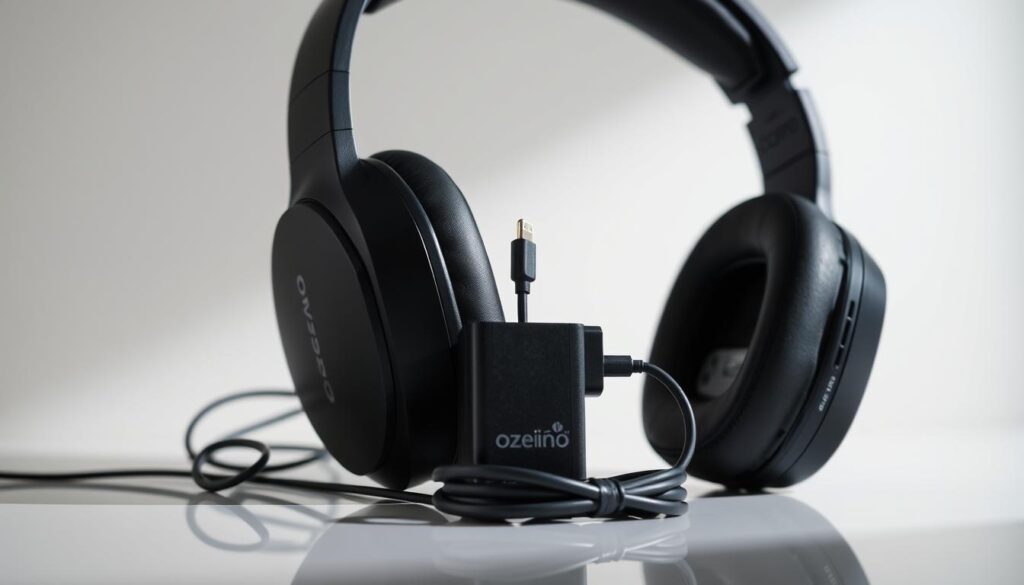 Detailed close-up of the Ozeino OW810 wireless gaming headset, showcasing its sleek and modern design. The headset is positioned on a reflective surface, casting a subtle shadow. Soft, indirect lighting accentuates the headset's clean lines and matte black finish. The ear cups are prominently displayed, revealing the integrated controls and the Ozeino logo. The middle ground features the charging cable and adapter, highlighting the headset's charging capabilities. The background is a minimalist, neutral tone, allowing the product to be the central focus. The overall composition emphasizes the headset's key features and conveys a sense of high-quality, premium craftsmanship.