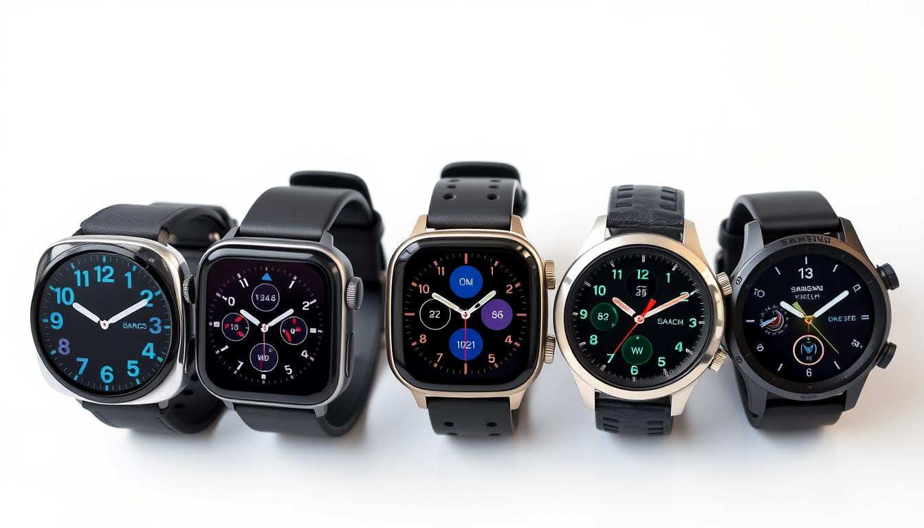Die Top 5 Smartwatches 2025 im Vergleich nebeneinander aufgereiht mit ihren Hauptfunktionen im Smartwatches 2025 Vergleich