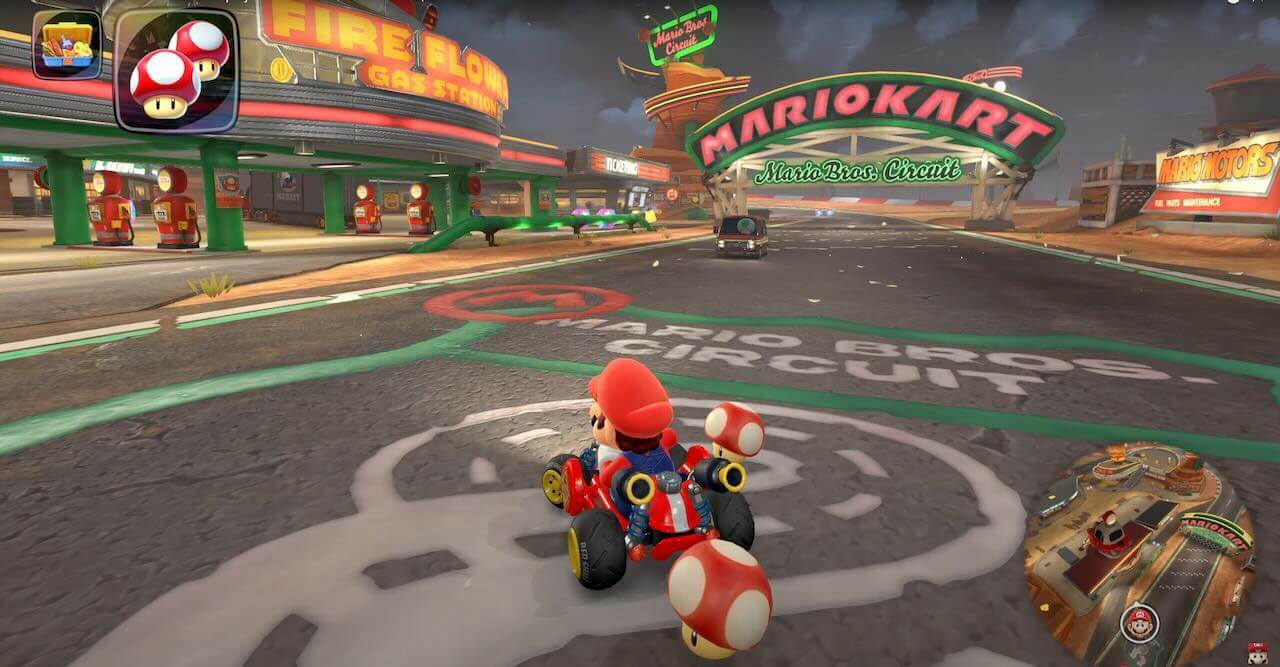 Dynamischer Wetterwechsel mit Regen auf einer Mario Kart World Strecke