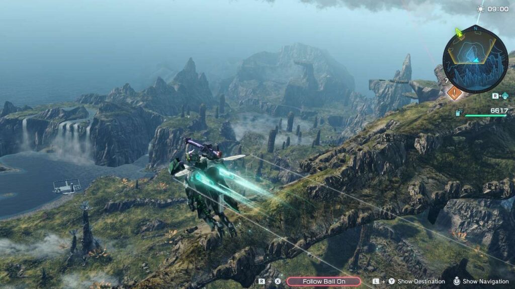 Ein Skell-Mech fliegt über die fremde Landschaft in Xenoblade Chronicles X Definitive Edition Nintendo Switch
