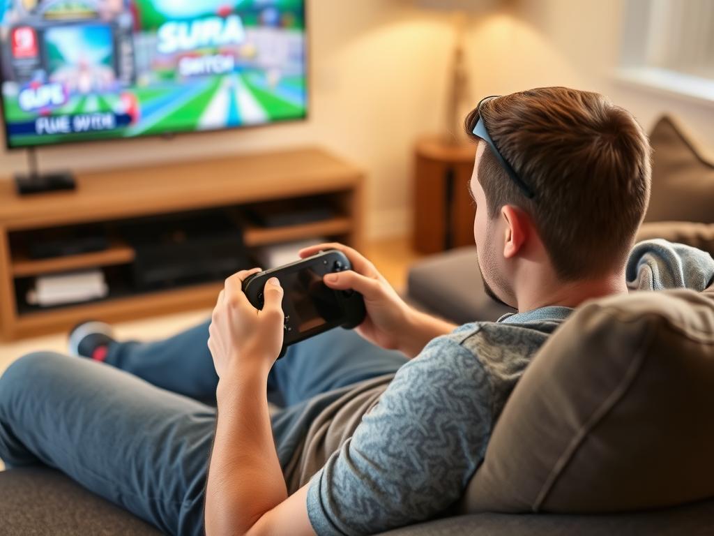Gamer spielt mit Nintendo Switch Pro Controller auf der Couch im Nintendo Switch Controller Vergleich Gamer spielt mit Nintendo Switch Pro Controller auf der Couch im Nintendo Switch Controller Vergleich