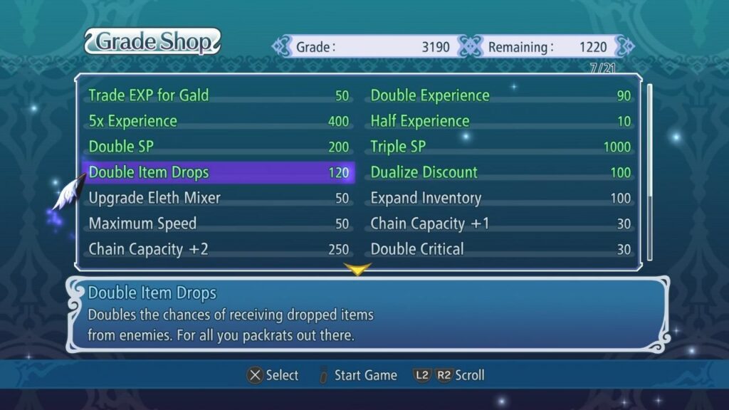 Grade Shop-Menü mit verschiedenen Optionen in Tales of Graces F Remastered