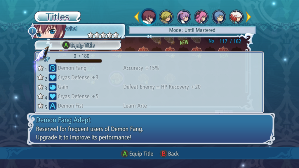 Menübildschirm mit Artes und Fähigkeiten in Tales of Graces F Remastered