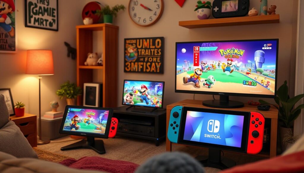 Nintendo Switch und Switch 2 angeschlossen an verschiedene Gaming-Monitore in einem gemütlichen Gaming-Setup