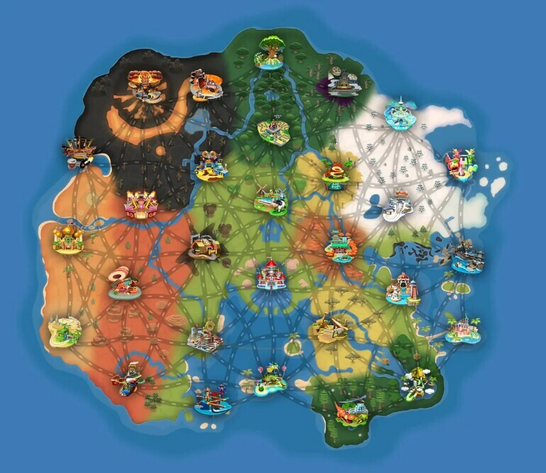 Open World Karte von Mario Kart World mit verschiedenen Biomen und Strecken