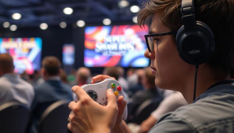 Professioneller Smash Bros. Spieler mit GameCube Controller bei einem Turnier
