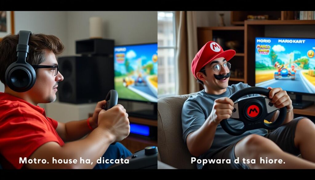 Spieler im Vergleichstest beider Racing Wheels für Mario Kart World Racing Whelen Vergleich