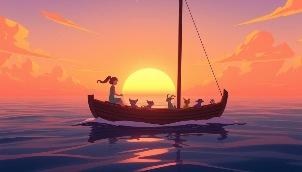 Spiritfarer Boot bei Sonnenuntergang auf dem Meer - beste Nintendo Switch Spiele Sommer Spiritfarer Boot bei Sonnenuntergang auf dem Meer - beste Nintendo Switch Spiele Sommer