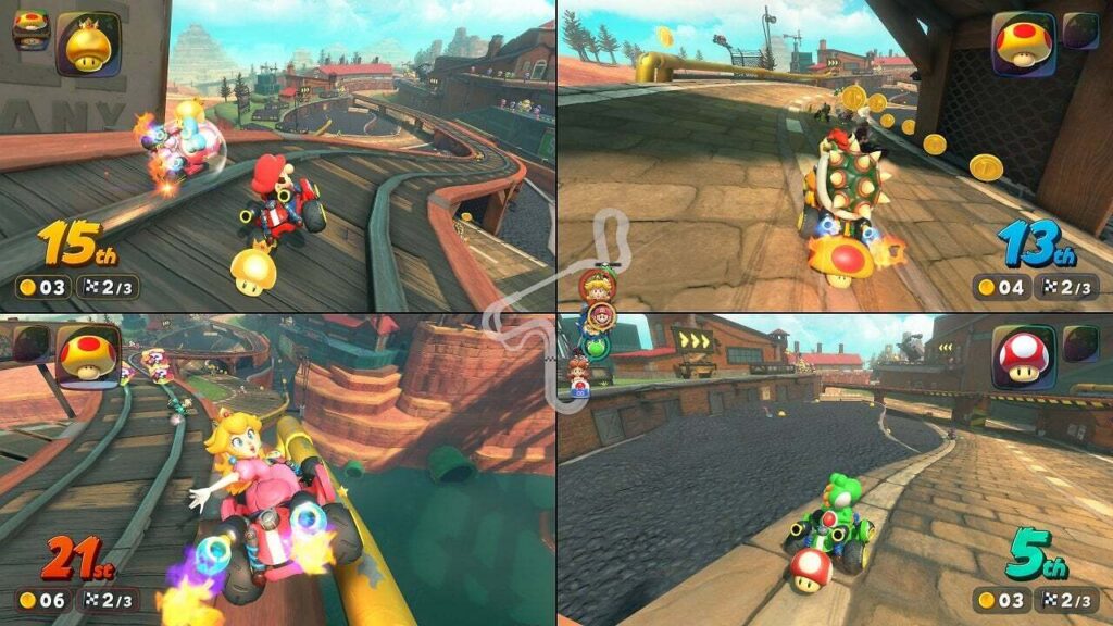 Splitscreen-Multiplayer mit vier Spielern in Mario Kart World
