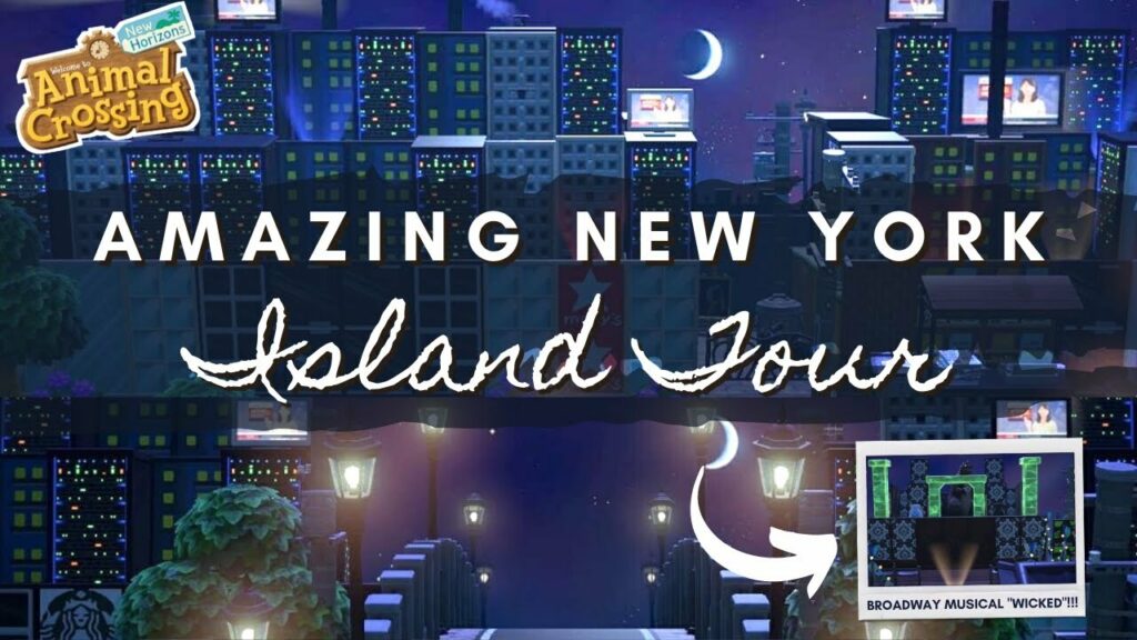 Urbane Animal Crossing New Horizons Insel mit Wolkenkratzern und Stadtleben