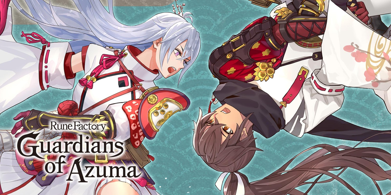 Rune Factory: Guardians of Azuma Hauptcharaktere Kaguya und Subaru stehen vor einem vom Blight betroffenen Dorf