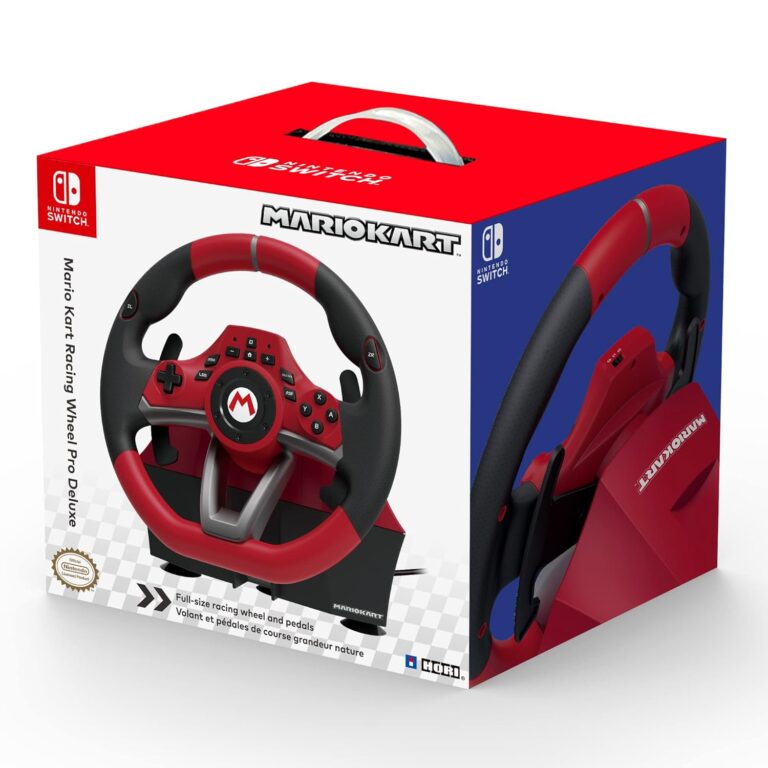 Hori Mario Kart Racing Wheel Pro Deluxe für Nintendo Switch mit Mario Kart World Racing Whelen Vergleich Logo