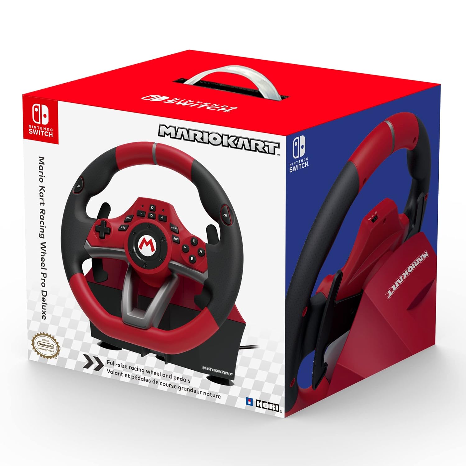 Hori Mario Kart Racing Wheel Pro Deluxe für Nintendo Switch mit Mario Kart World Racing Whelen Vergleich Logo