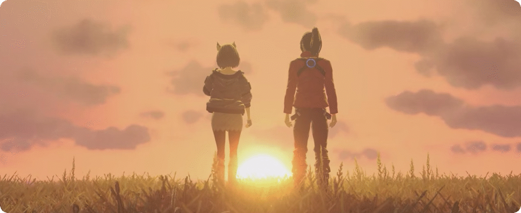 A breathtaking cinematic landscape of the iconic Xenoblade Chronicles 3 for Nintendo Switch. In the foreground, larger-than-life heroes Noah and Mio stand heroically, their weapons drawn, ready to face the challenges that await. The lush, vibrant world of Aionios stretches out behind them, its towering mech-like titans and ethereal landscapes bathed in a warm, golden light. Dramatic clouds swirl overhead, adding to the sense of epic scale and adventure. The scene is composed with a deep depth of field, drawing the viewer's eye into the mesmerizing world of Xenoblade. An atmosphere of wonder, discovery, and high-stakes conflict permeates the image, capturing the essence of this masterful RPG trilogy.