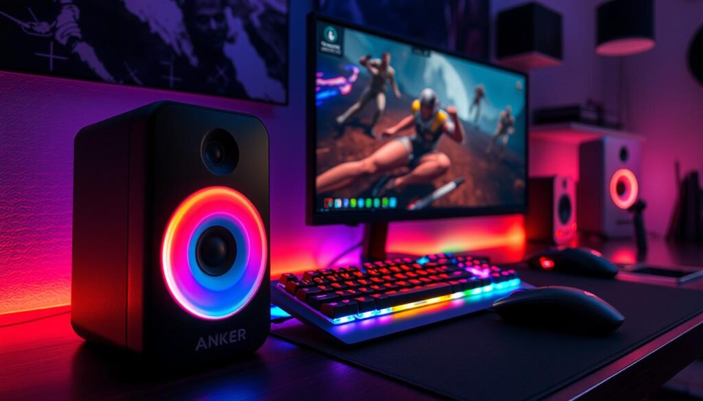 Soundcore Boom 2 Anker neben Gaming-Setup während einer Spielsession