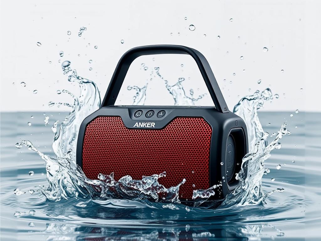 Soundcore Boom 2 Anker neben Wasserspritzern, demonstriert Wasserdichtigkeit