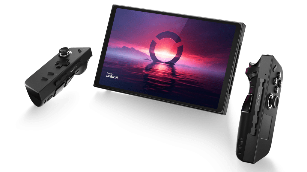 Lenovo Legion Go Handheld-Konsole 2025 mit abgenommenen Controllern und aufgestelltem Kickstand