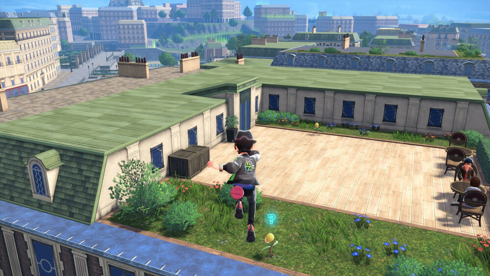 Spieler erkundet die Dächer von Illumina City mit Blick auf den Prisma-Turm