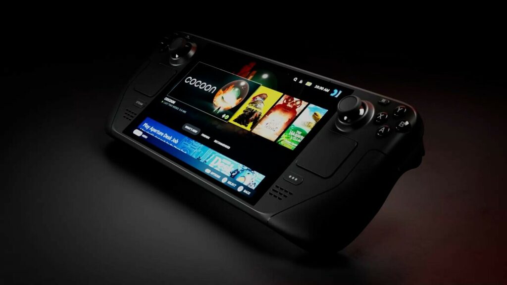 Steam Deck OLED Handheld-Konsole 2025 mit aktiviertem Bildschirm zeigt Spielmenü