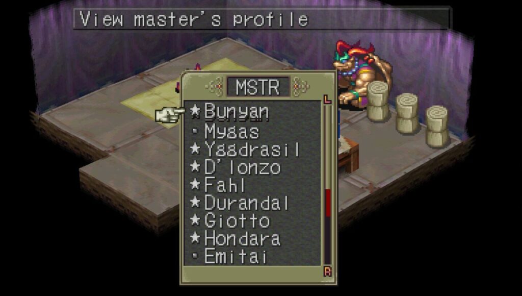 Breath of Fire 3 Meister-System Interface mit Charakterstatistiken